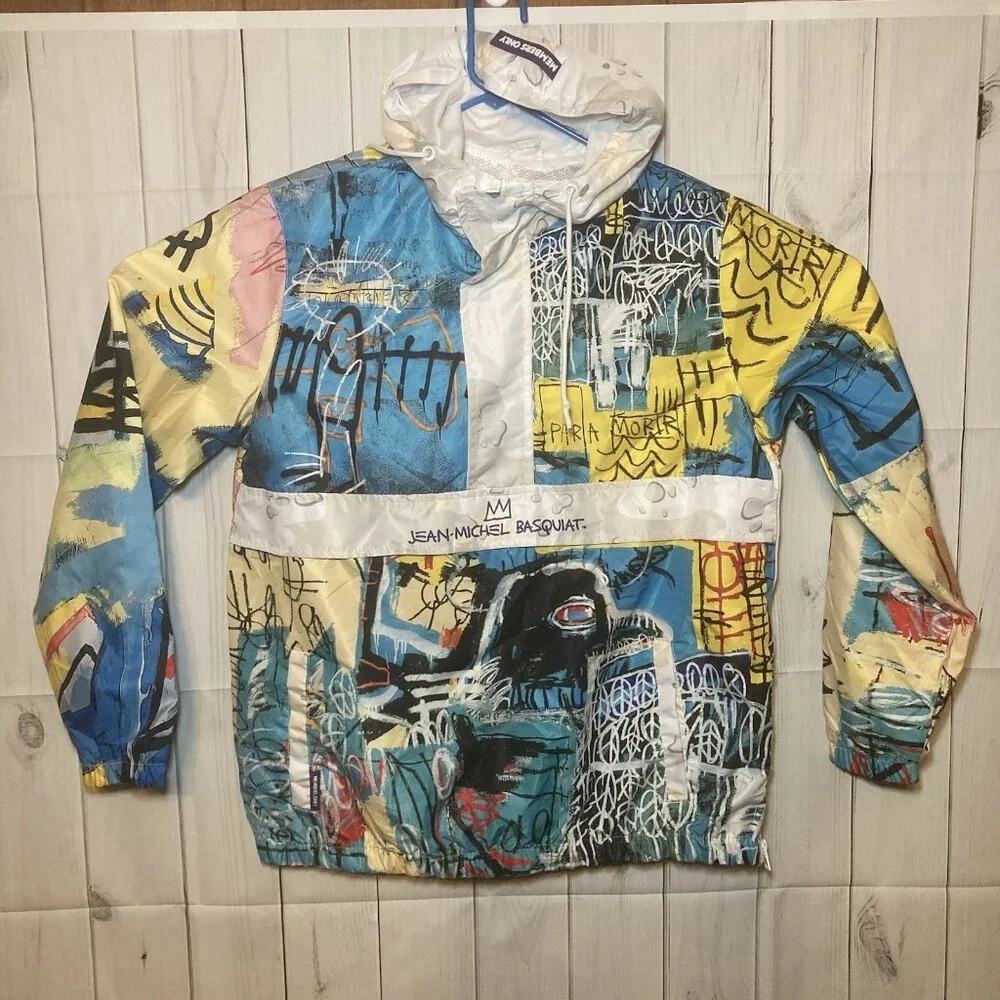 Jean Michel Basquiat Mens L Members Only Grapic Windbreaker Pullover Hood Jacket - Picture 1 of 10